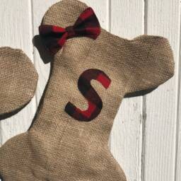 Buffalo Plaid Burlap Dog Bone Christmas Stocking With Bow/Bow Tie-Red/Black & Black/White Check - Personalize Letter - thumbnail 2