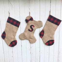 Buffalo Plaid Burlap Dog Bone Christmas Stocking With Bow/Bow Tie-Red/Black & Black/White Check - Personalize Letter - thumbnail 4