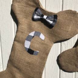 Buffalo Plaid Burlap Dog Bone Christmas Stocking With Bow/Bow Tie-Red/Black & Black/White Check - Personalize Letter - thumbnail 3