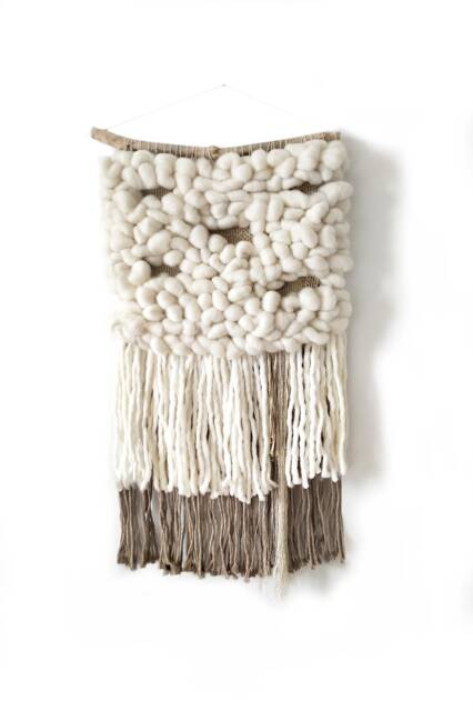 Hand Woven Wool Wall Hanging Rustic Beige Tapestry, Gold Accents - image 1
