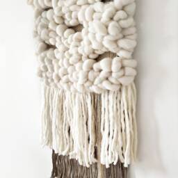Hand Woven Wool Wall Hanging Rustic Beige Tapestry, Gold Accents - thumbnail 4
