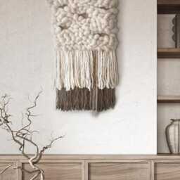 Hand Woven Wool Wall Hanging Rustic Beige Tapestry, Gold Accents - thumbnail 2
