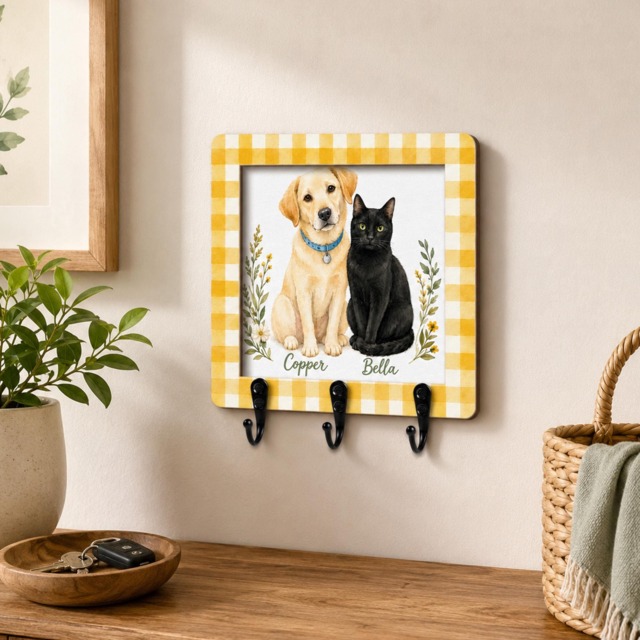 Custom Pet Portrait Wooden Key Holder With Gingham Frame, Names & Hooks - image 1