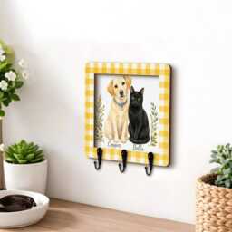 Custom Pet Portrait Wooden Key Holder With Gingham Frame, Names & Hooks - thumbnail 3