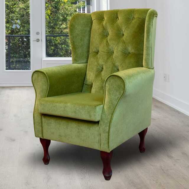 Green Velvet Wingback Chair - Buttoned Armchair in Dolce Leaf British Handmade Accent - image 1