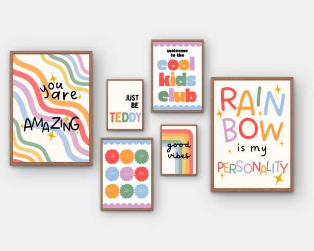 Rainbow Gallery Wall Prints - Kids Bedroom Posters Set Of 6 Positive Quotes Affirmations Playroom Nursery Print Personalised Name - image 1