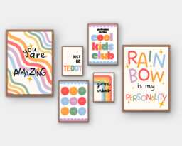 Rainbow Gallery Wall Prints - Kids Bedroom Posters Set Of 6 Positive Quotes Affirmations Playroom Nursery Print Personalised Name - thumbnail 1