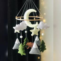 Woodland Bear Baby Mobile Felt Forest Nursery Crib Decor, Moon, Stars, Trees - thumbnail 4