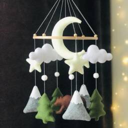 Woodland Bear Baby Mobile Felt Forest Nursery Crib Decor, Moon, Stars, Trees - thumbnail 3