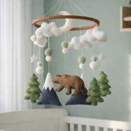 Woodland Bear Baby Mobile Felt Forest Nursery Crib Decor, Moon, Stars, Trees - thumbnail 2