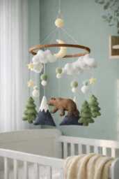 Woodland Bear Baby Mobile Felt Forest Nursery Crib Decor, Moon, Stars, Trees - thumbnail 1