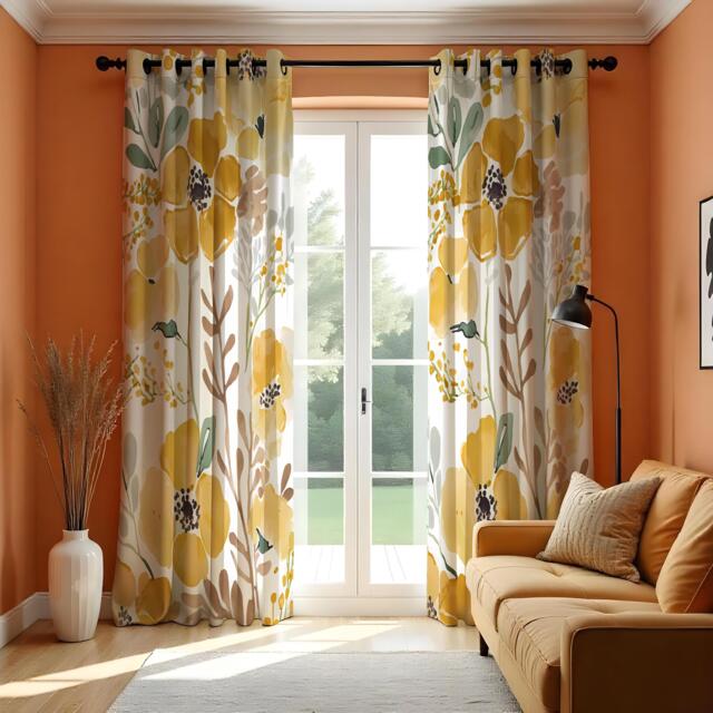 Yellow Watercolor Floral Curtains, Soft Botanical Bloom Pattern Drapes, Bright Modern Window Curtain Panels - image 1