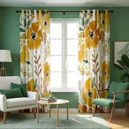 Yellow Watercolor Floral Curtains, Soft Botanical Bloom Pattern Drapes, Bright Modern Window Curtain Panels - thumbnail 2