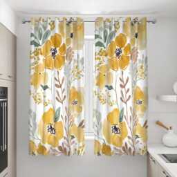 Yellow Watercolor Floral Curtains, Soft Botanical Bloom Pattern Drapes, Bright Modern Window Curtain Panels - thumbnail 3