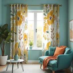 Yellow Watercolor Floral Curtains, Soft Botanical Bloom Pattern Drapes, Bright Modern Window Curtain Panels - thumbnail 4