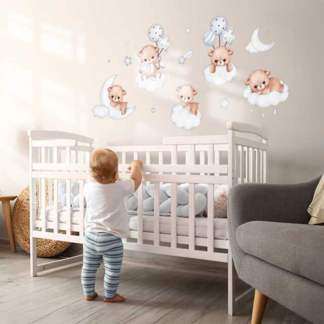Teddy Bears in The Sky Wall Stickers For Kids Room, Gray Baby Room Decor, Animals Decal Children's Self Adhesive - image 1