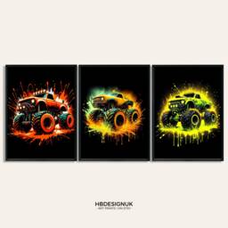 Vibrant Monster Truck Print Set - Boys Bedroom Artwork - Of 3 Posters Car Wall Art Kids Room Home Decor Trucks Picture Poster - thumbnail 1