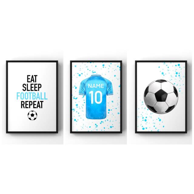 Set Of 3 Football Wall Art Prints Personalised Boys Bedroom Decor, Kids Shirt Name Print - image 1