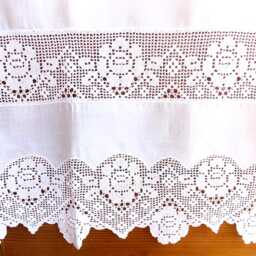 Hand-Embroidered Curtain With Border & Inset Bands, Handmade Crochet, 45cm X 60cm, Beautiful Rose - thumbnail 3