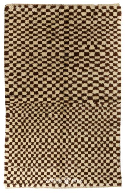 Checkered Design Brown & Beige Tulu Rug, Medium Wool Pile Handmade in Custom Sizes - image 1