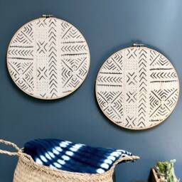 African Mudcloth Gallery Wall Hanging Decor Set, Wood Circle Frames, Modern Boho, Authentic Vintage Textile Art
