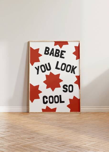 Babe You Look So Cool Print, Colourful Retro Music Wall Art, Y2K Positive Quote Bright Decor, Pink, Green, Copper, Blue Poster - image 1