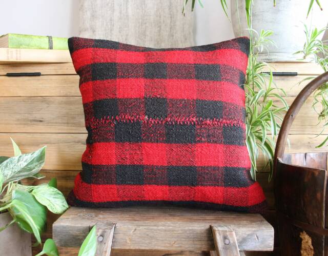 40cm - 16Inch Handwoven Kilim Pillow Cover - Red & Black Check 1 - image 1