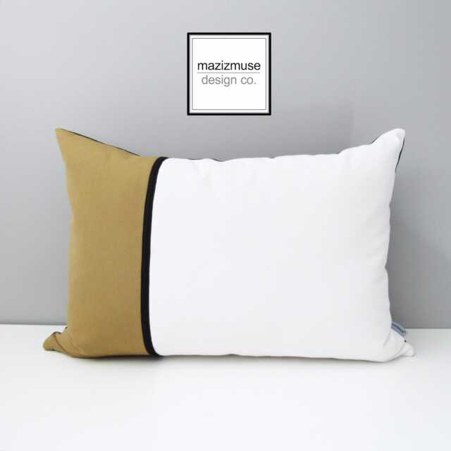 Pair Of Brass & White Sunbrella Outdoor Pillow Covers Modern Color Block, Black Trim - image 1