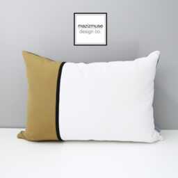 Pair Of Brass & White Sunbrella Outdoor Pillow Covers Modern Color Block, Black Trim - thumbnail 1