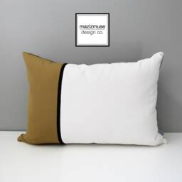 Pair Of Brass & White Sunbrella Outdoor Pillow Covers Modern Color Block, Black Trim - thumbnail 4