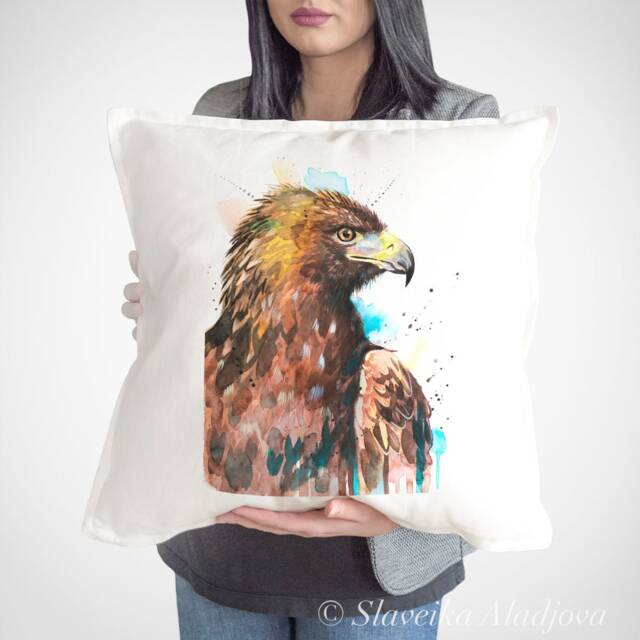 Golden Eagle Throw Pillow Cover By Slaveika Aladjova, Cushion Cover, Decorative Pillow Cover, Animal Art, Watercolor Pillow, Christmas Gift - image 1