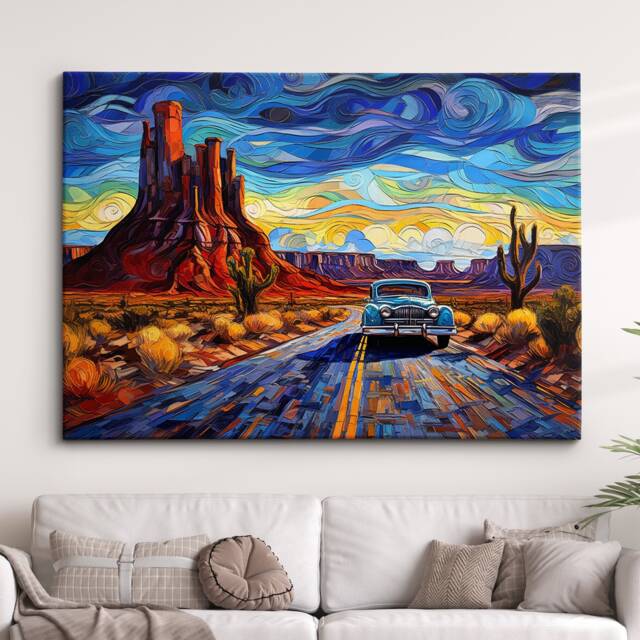 Route 66 Usa Sunset Abstract Modern American Painting Wall Art Framed Canvas La Poster Print Home/Office Room Decor, Gifts - image 1