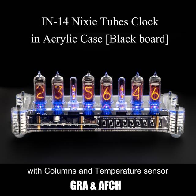 Nixie Tubes Clock In-14 in Acrylic Case [Columns, Temp. Sensor] Black Board For Boyfriend, Husband, Vintage, Glowing Clock, Gift, Steampunk - image 1