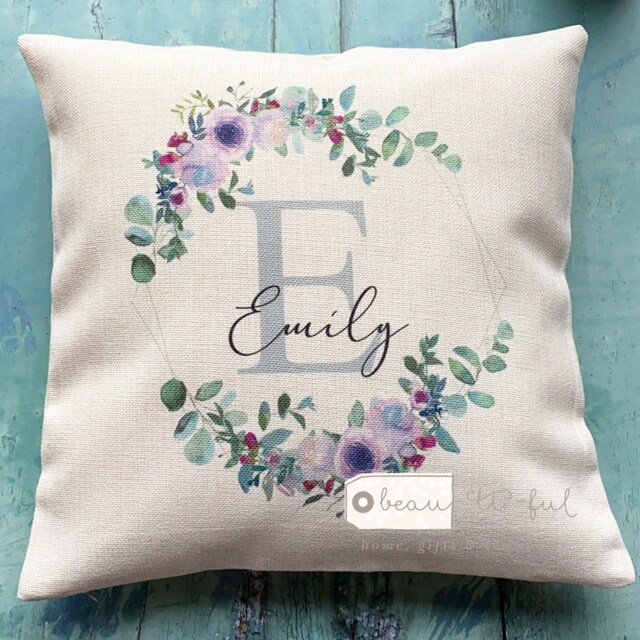 Personalised Name & Initial Lilac Floral Greenery Design Home Quote Linen Style Cushion Cover