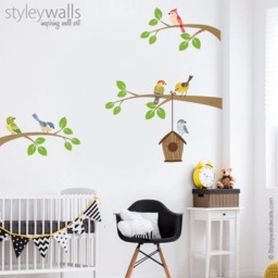 Birds Wall Decal, Branch & Sticker, Bird House Nursery Decor, Baby Room Kids Decals