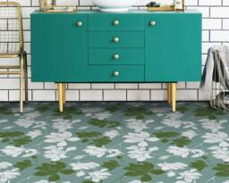 Spring Organic Garden Vinyl Flooring, Green Flooring Linoleum, White Vivid Colors Inks, Floral High Quality Print, Retro Floor Cover