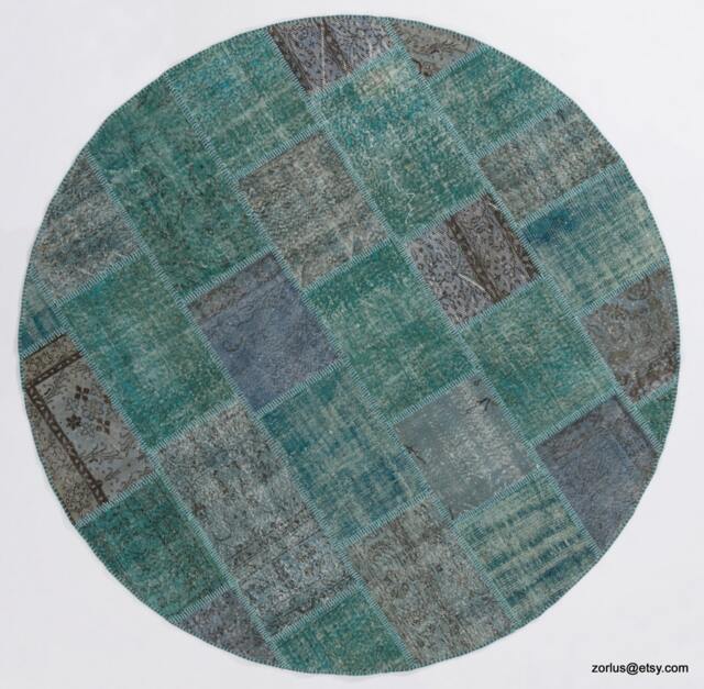 Round Turquoise Blue Color Handmade Turkish Patchwork Rug, Circular - image 1