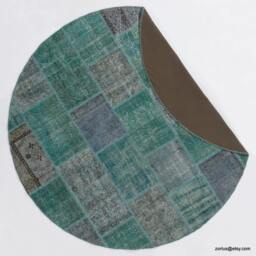 Round Turquoise Blue Color Handmade Turkish Patchwork Rug, Circular - thumbnail 2