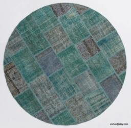 Round Turquoise Blue Color Handmade Turkish Patchwork Rug, Circular - thumbnail 1