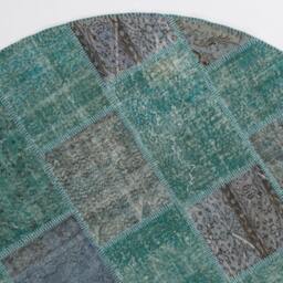 Round Turquoise Blue Color Handmade Turkish Patchwork Rug, Circular - thumbnail 4