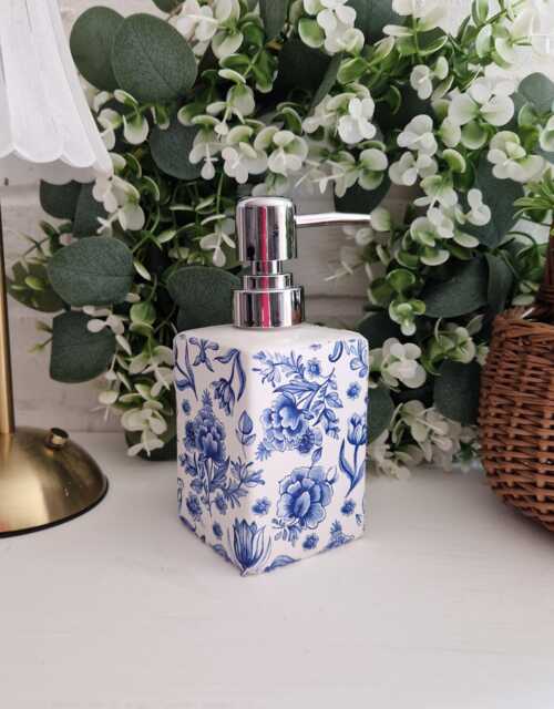 Lovely Blue Toile Decoupaged Ceramic Soap Dispenser.hand Decorated - image 1