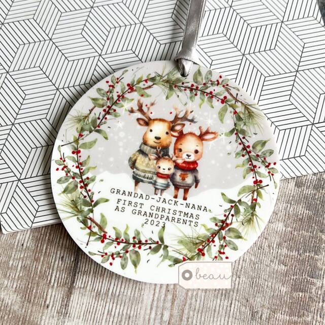 Personalised 1st First Christmas As Grandparents Auntie Uncle Grandma Nanny Baby Reindeer Deer Jumpers Acrylic Or Ceramic Ornament Keepsake
