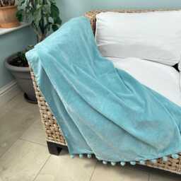 Duck Egg Blue Velvet Throw With Pompom Trim, Cotton Bed