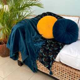 Duck Egg Blue Velvet Throw With Pompom Trim, Cotton Bed - thumbnail 2