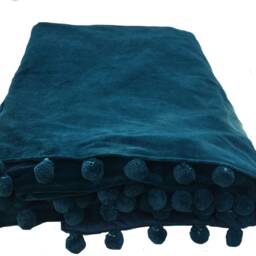 Duck Egg Blue Velvet Throw With Pompom Trim, Cotton Bed - thumbnail 3
