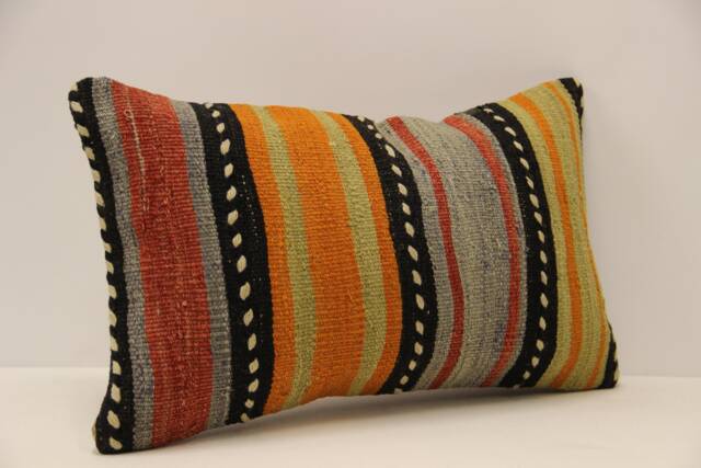 Handwoven Wool Kilim Pillow Cover, Turkish Lumbar Cushion - 12x20 - image 1