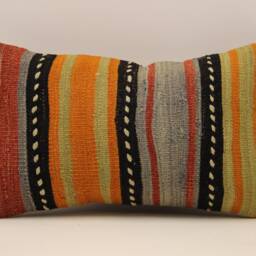 Handwoven Wool Kilim Pillow Cover, Turkish Lumbar Cushion - 12x20 - thumbnail 2