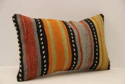 Handwoven Wool Kilim Pillow Cover, Turkish Lumbar Cushion - 12x20
