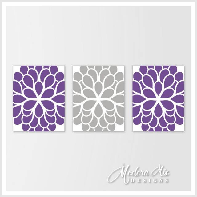 Purple & Gray Home Decor Dahlia Flower Print Trio Bedroom Wall Art Bathroom M 002 03 - image 1