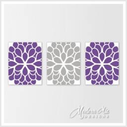 Purple & Gray Home Decor Dahlia Flower Print Trio Bedroom Wall Art Bathroom M 002 03 - thumbnail 1
